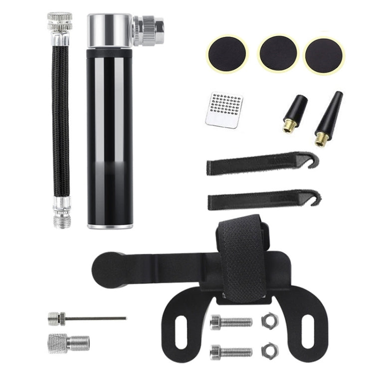 Mini pompa portatile manuale in lega di alluminio per bicicletta + toppa per pneumatici senza colla + leva per pneumatici a forma di pesce, Inflator + Glue-free Tire Patch + Fish-shaped Tire Lever Black