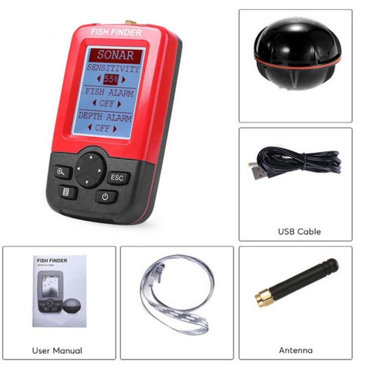 XJ-01 Rilevatore di pesci wireless Sensore sonar 125KHz Localizzatore di profondità 0,6-36 m Localizzatore di pesci con schermo LCD da 2,4 pollici e antenna, sensore di temperatura dell'acqua integrato, XJ-01