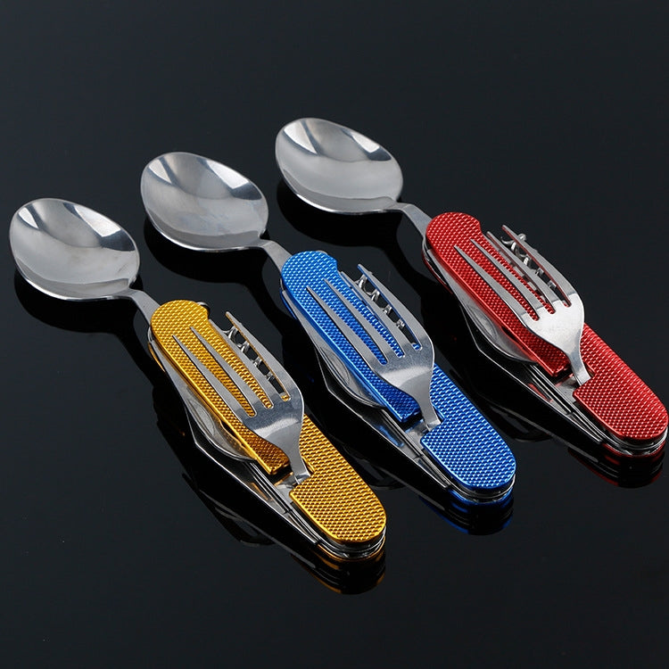 Set di posate pieghevoli da viaggio/campeggio 6 in 1 in acciaio inossidabile, cucchiaio + forchetta + coltello + set apribottiglie
