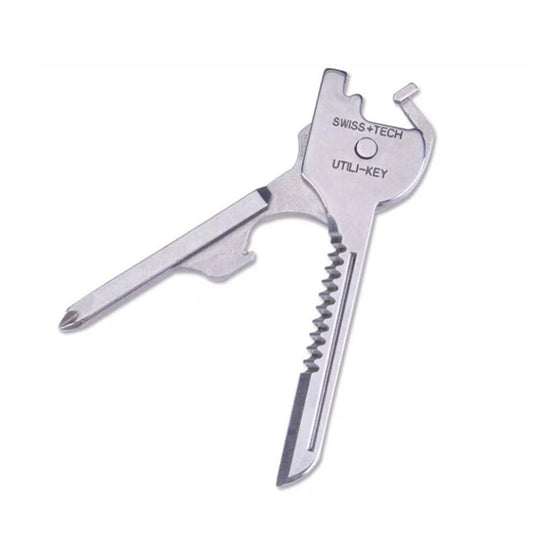 SWISS+TECH Portachiavi multifunzione da esterno 6 in 1 in acciaio inossidabile, portachiavi pieghevole con mini utensili