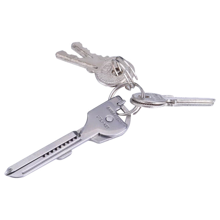 SWISS+TECH Portachiavi multifunzione da esterno 6 in 1 in acciaio inossidabile, portachiavi pieghevole con mini utensili