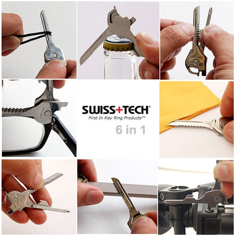 SWISS+TECH Portachiavi multifunzione da esterno 6 in 1 in acciaio inossidabile, portachiavi pieghevole con mini utensili