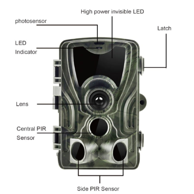 HC801A Telecamera da caccia da caccia di sicurezza per visione notturna IP65 impermeabile da 8 MP, programma Novatek 96650, grandangolo da 120 gradi, angolo di rilevamento PIR da 110 gradi, HC801A