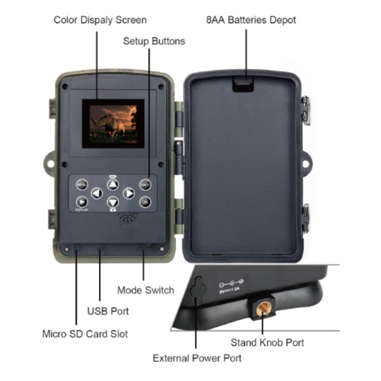 HC801A Telecamera da caccia da caccia di sicurezza per visione notturna IP65 impermeabile da 8 MP, programma Novatek 96650, grandangolo da 120 gradi, angolo di rilevamento PIR da 110 gradi, HC801A