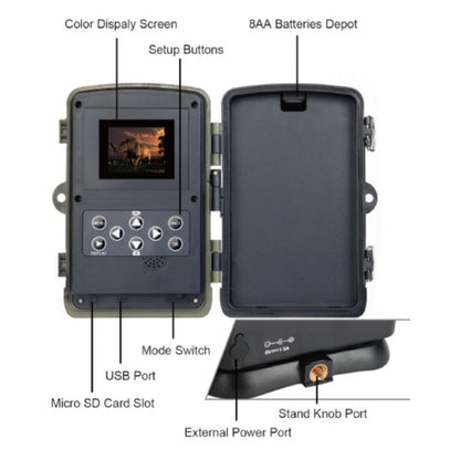 HC801A Telecamera da caccia da caccia di sicurezza per visione notturna IP65 impermeabile da 8 MP, programma Novatek 96650, grandangolo da 120 gradi, angolo di rilevamento PIR da 110 gradi, HC801A