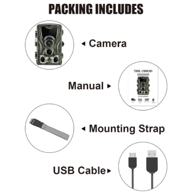 HC801A Telecamera da caccia da caccia di sicurezza per visione notturna IP65 impermeabile da 8 MP, programma Novatek 96650, grandangolo da 120 gradi, angolo di rilevamento PIR da 110 gradi, HC801A