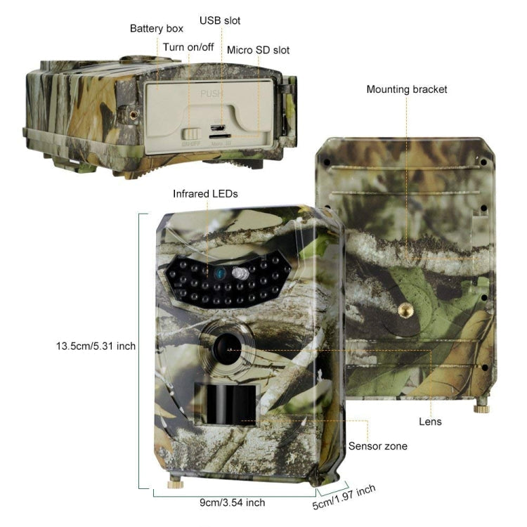 PR-100 1MP IP54 Telecamera da caccia di sicurezza per visione notturna IR impermeabile, programma Sunplus 1628, grandangolo da 120 gradi, angolo di rilevamento PIR da 100 gradi, PR100