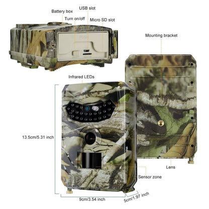 PR-100 1MP IP54 Telecamera da caccia di sicurezza per visione notturna IR impermeabile, programma Sunplus 1628, grandangolo da 120 gradi, angolo di rilevamento PIR da 100 gradi, PR100