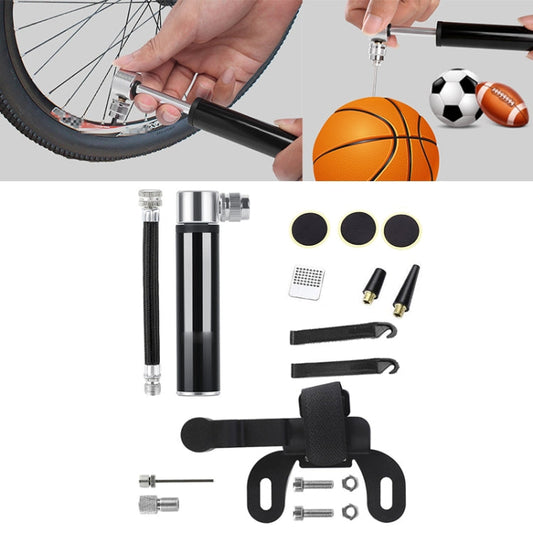 Mini pompa portatile manuale in lega di alluminio per bicicletta + toppa per pneumatici senza colla + leva per pneumatici a forma di pesce, Inflator + Glue-free Tire Patch + Fish-shaped Tire Lever Black