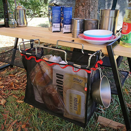 cestino-in-rete-pieghevole-da-campeggio-per-picnic-all-aperto-staffa-metallica-supporto-per-pentole-cookware-holder - immagine 1