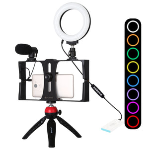 PULUZ 4-in-1-Vlogging-Live-Übertragungs-Smartphone-Video-Rig + 4,3-Zoll-RGBW-Ring...