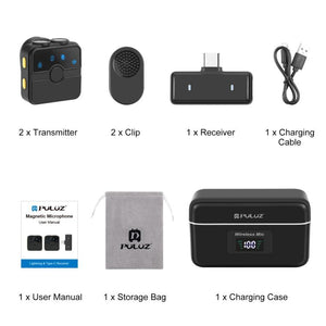 Microfono wireless lavalier magnetico PULUZ con custodia di ricarica, ricevit...