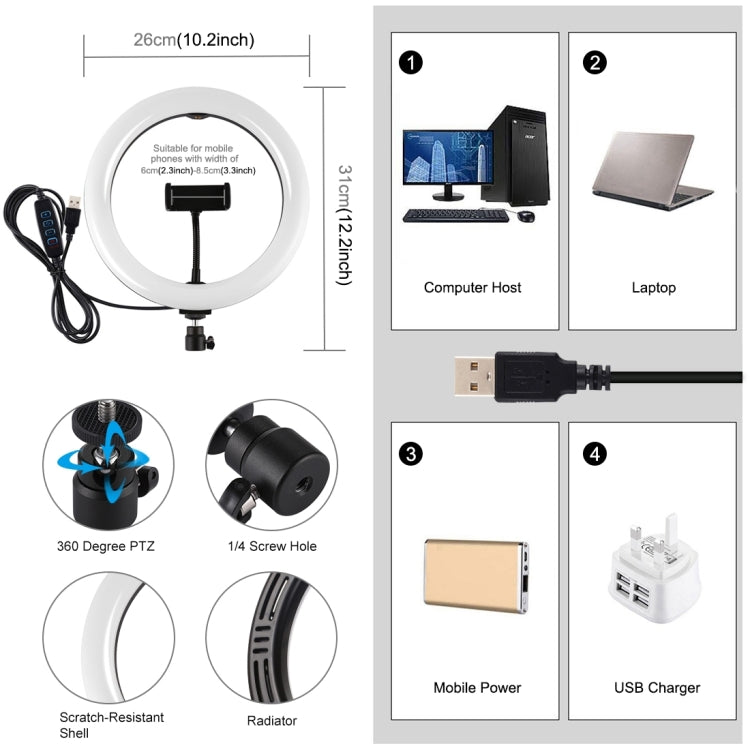 PULUZ 10.2 pollici 26 cm USB 3 modalità dimmerabile anello LED Vlogging Selfi...