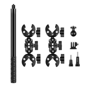 PULUZ Doppelkopf-Motorradklemmen mit 150 cm Teleskop-Selfie-Stick – Universelle feste Halterung für Insta360 X4, Action Cam und Smartphone