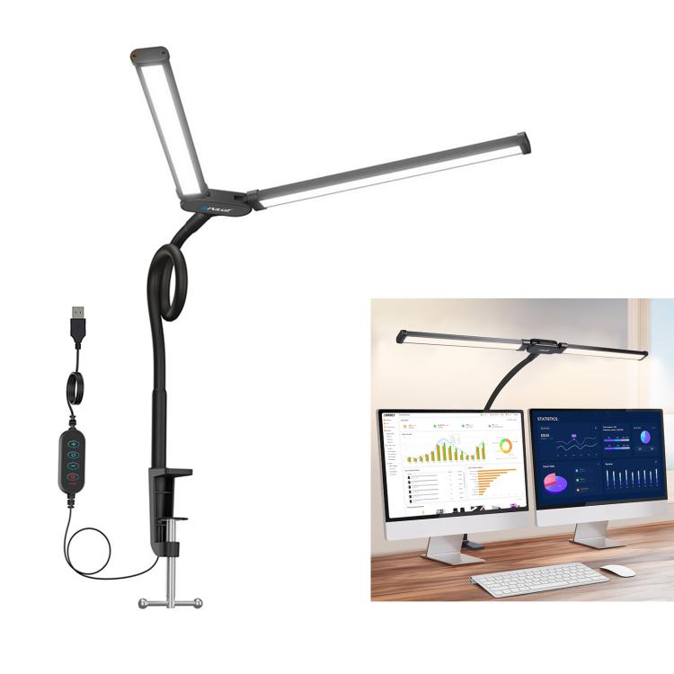 PULUZ Lampada da Scrivania a LED con Clip Doppia Testa e Collo d'Oca - Luce Regolabile, Risparmio Energetico e Protezione Occhi
