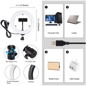 PULUZ 7,9 Zoll 20 cm USB 3-Modus dimmbar Dual-Farbtemperatur ...