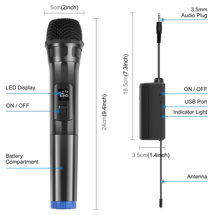 Microfoni dinamici wireless UHF PULUZ da 1 a 2 con display LED, trasmettitore...