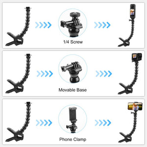 PULUZ Jaws Flex Clamp Mount per Action Camera con Morsetto per Telefono - Supporto Universale per GoPro, DJI Osmo, Insta360