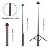 PULUZ Treppiede Telescopico 2m in Lega di Alluminio – Cavalletto a 8 Sezioni per Luci Video, Fotocamere e Smartphone con Vite 1/4" e Slitta Fredda