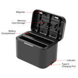 PULUZ Dual Slot Ladegerät für Insta360 X4 – Akkuladehülle + Speicherkartenhalter, LED-Anzeigen, USB-C, kompakt und sicher