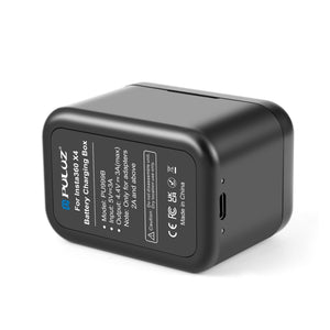 PULUZ Dual Slot Ladegerät für Insta360 X4 – Akkuladehülle + Speicherkartenhalter, LED-Anzeigen, USB-C, kompakt und sicher