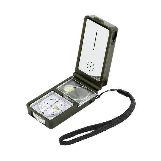 bussola-portatile-multifunzione-10-in-1-termometro-igrometro-luce-led-riflettore-livella-bussola-fischietto-selce-lente-d-ingrandimento-righello-10-in-1 - immagine 1
