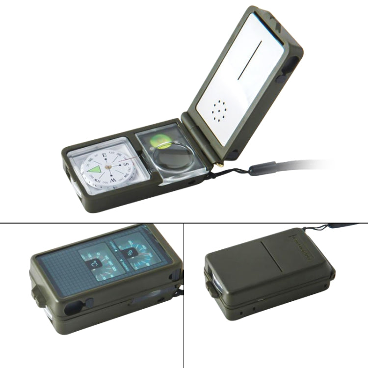 bussola-portatile-multifunzione-10-in-1-termometro-igrometro-luce-led-riflettore-livella-bussola-fischietto-selce-lente-d-ingrandimento-righello-10-in-1 - immagine 2