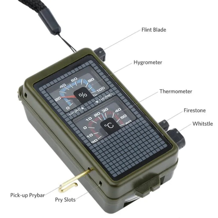 bussola-portatile-multifunzione-10-in-1-termometro-igrometro-luce-led-riflettore-livella-bussola-fischietto-selce-lente-d-ingrandimento-righello-10-in-1 - immagine 3
