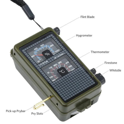 bussola-portatile-multifunzione-10-in-1-termometro-igrometro-luce-led-riflettore-livella-bussola-fischietto-selce-lente-d-ingrandimento-righello-10-in-1 - immagine 3