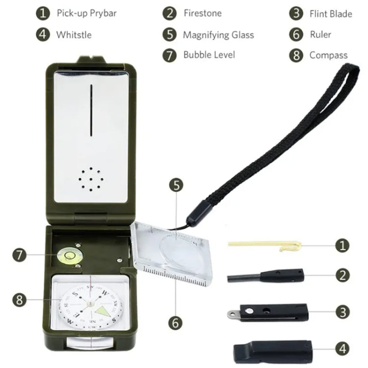 bussola-portatile-multifunzione-10-in-1-termometro-igrometro-luce-led-riflettore-livella-bussola-fischietto-selce-lente-d-ingrandimento-righello-10-in-1 - immagine 4