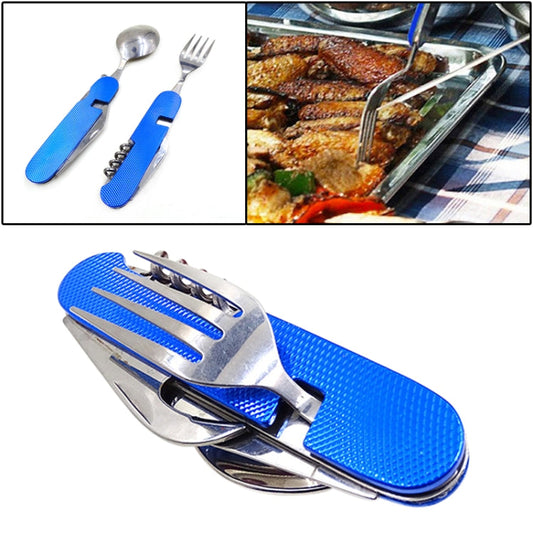 Set di posate pieghevoli da viaggio/campeggio 6 in 1 in acciaio inossidabile, cucchiaio + forchetta + coltello + set apribottiglie