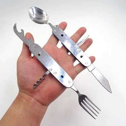 Set di posate pieghevoli da viaggio/campeggio 6 in 1 in acciaio inossidabile, cucchiaio + forchetta + coltello + set apribottiglie