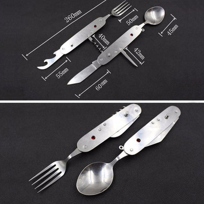 Set di posate pieghevoli da viaggio/campeggio 6 in 1 in acciaio inossidabile, cucchiaio + forchetta + coltello + set apribottiglie