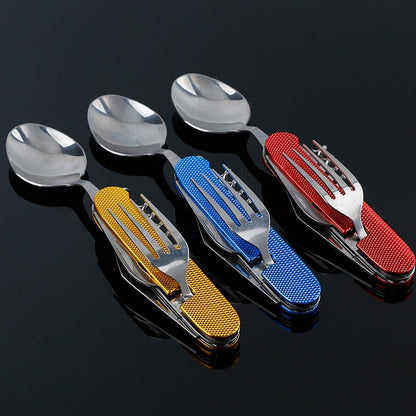 Set di posate pieghevoli da viaggio/campeggio 6 in 1 in acciaio inossidabile, cucchiaio + forchetta + coltello + set apribottiglie