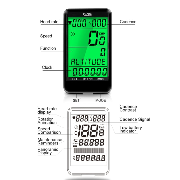 SUNDING SD-577C Cycling Computer LCD retroilluminazione cronometro Wireless impermeabile MTB contachilometri bici cronometro tachimetro bicicletta, SD-577C