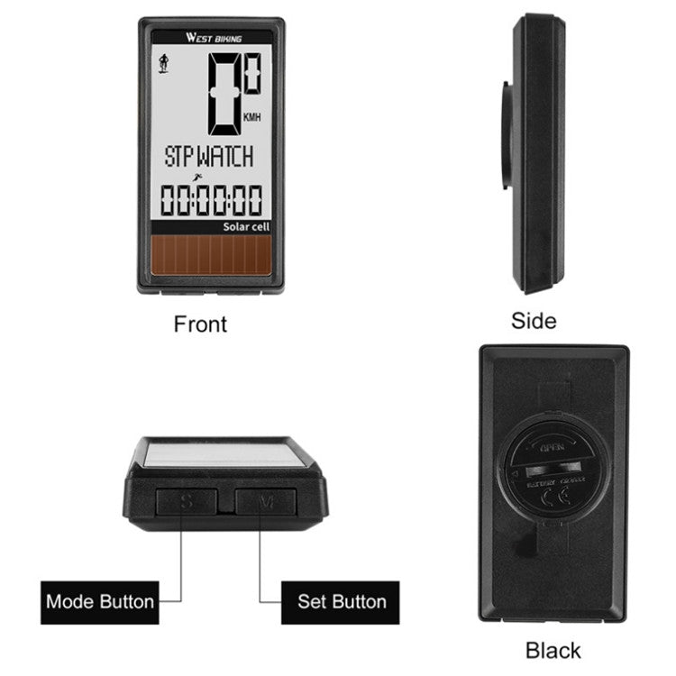 WEST BIKING Tabella codici solari wireless Mountain Road Bike Tabella codici caratteri grandi Tachimetro impermeabile in cinque lingue, WEST BIKING Speedometer