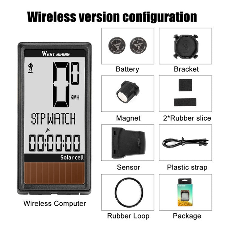 WEST BIKING Tabella codici solari wireless Mountain Road Bike Tabella codici caratteri grandi Tachimetro impermeabile in cinque lingue, WEST BIKING Speedometer