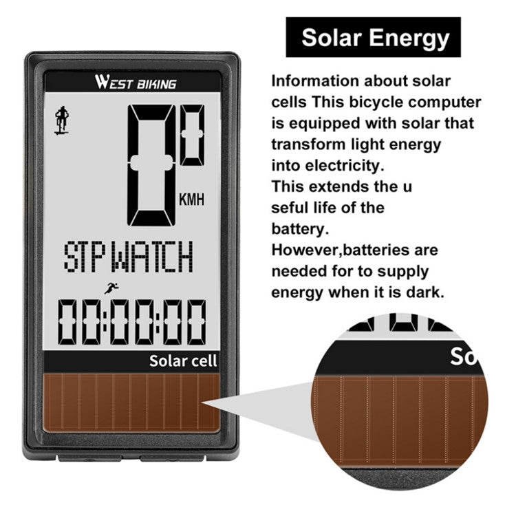 WEST BIKING Tabella codici solari wireless Mountain Road Bike Tabella codici caratteri grandi Tachimetro impermeabile in cinque lingue, WEST BIKING Speedometer