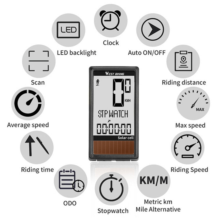 WEST BIKING Tabella codici solari wireless Mountain Road Bike Tabella codici caratteri grandi Tachimetro impermeabile in cinque lingue, WEST BIKING Speedometer