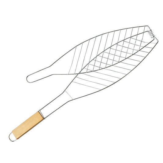 Strumento per barbecue con clip per pesce alla griglia, con manico in legno cromato, per barbecue a pesce singolo