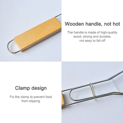 Strumento per barbecue con clip per pesce alla griglia, con manico in legno cromato, per barbecue a pesce singolo