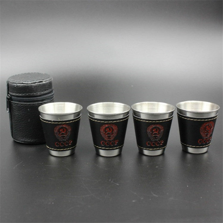 4 in 1 70ml Stoviglie da campeggio all'aperto Tazze da viaggio Set Forniture da picnic Bicchiere da birra per vino in acciaio inossidabile Tazze da whisky Pelle PU - Novalix Store